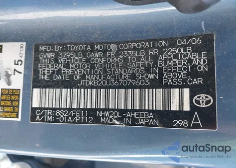 2006 Toyota Prius из США, поврежденный, VIN JTDKB20U367079603